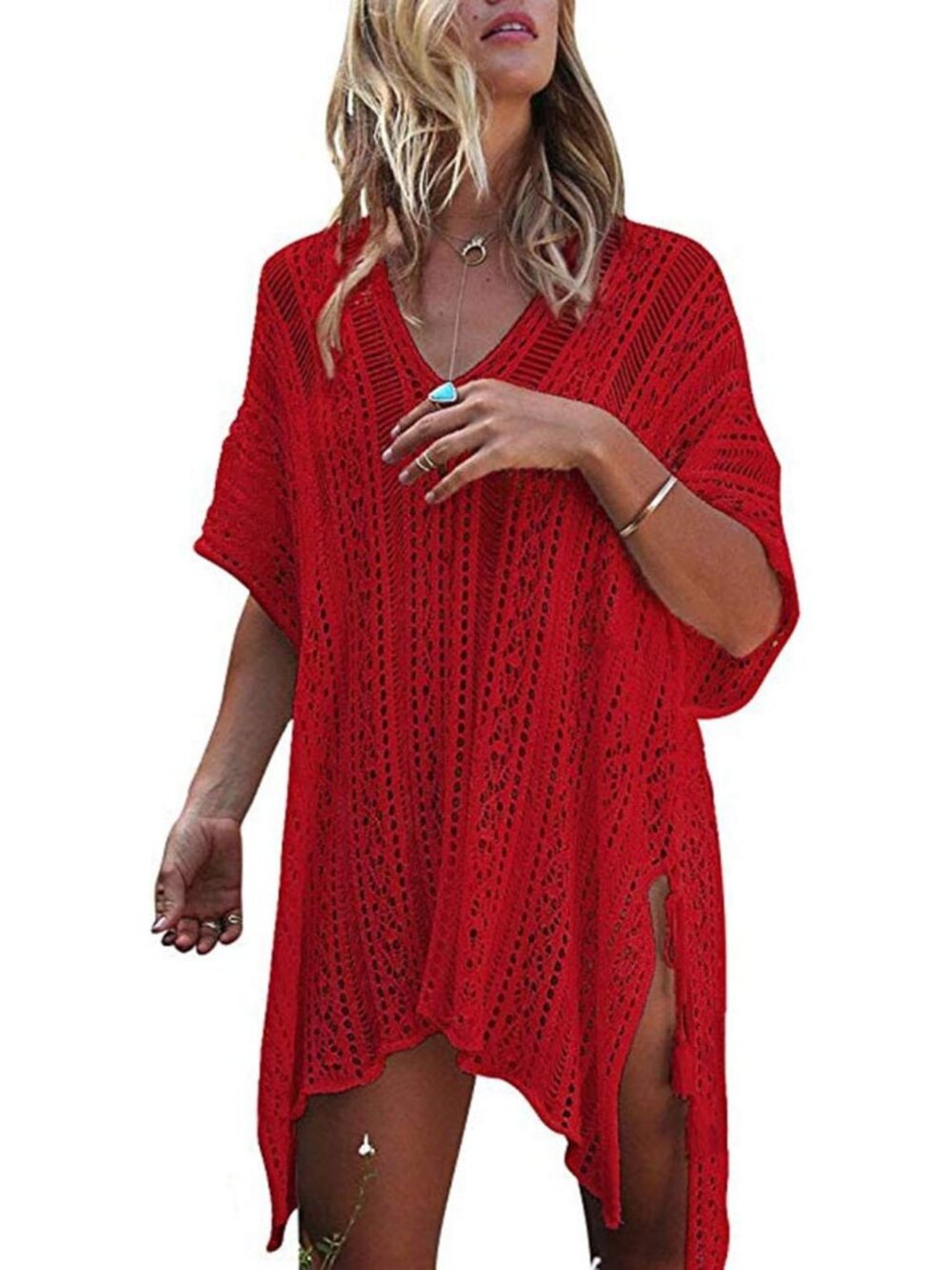 Women's Red Polyester Crochet Cover up Swimsuit Breathable Beach Swimwear